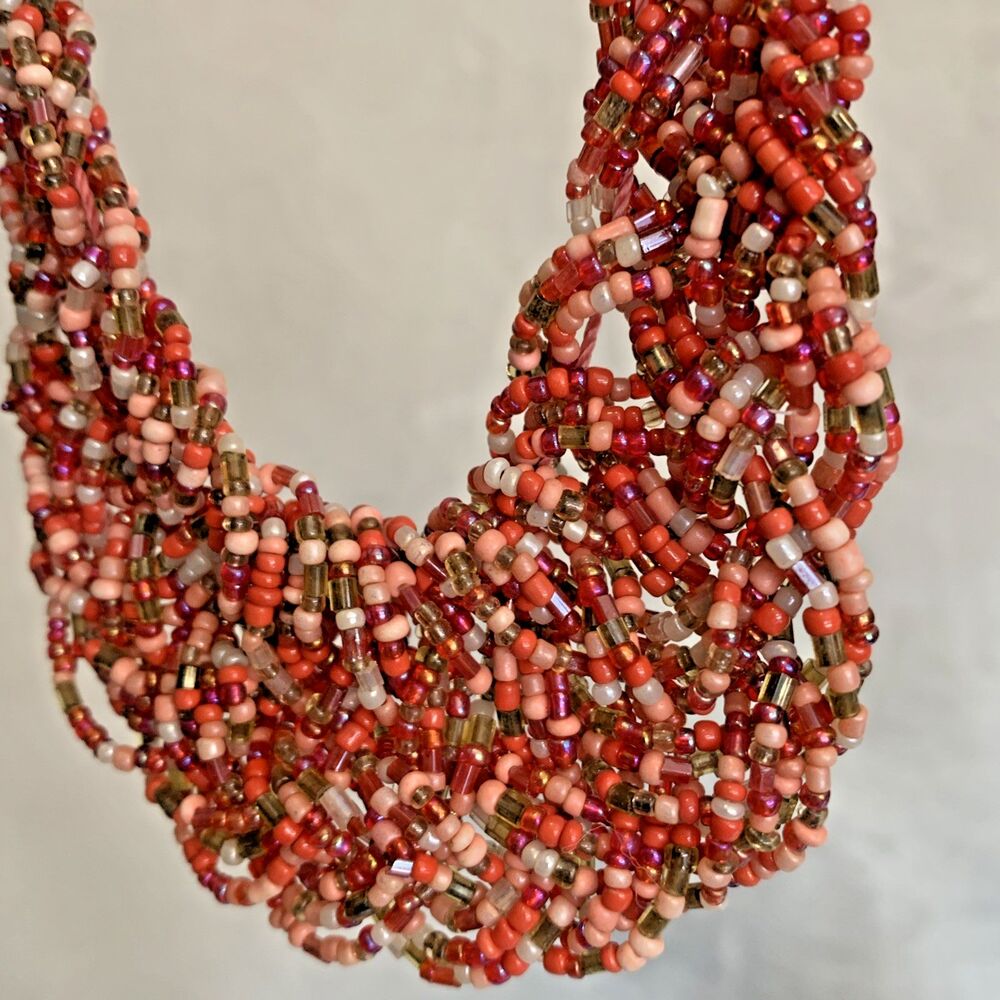 Vintage Multi Strand Seed Bead Necklace Red Orange Coral Torsade Gold Tone - Picture 2 of 8